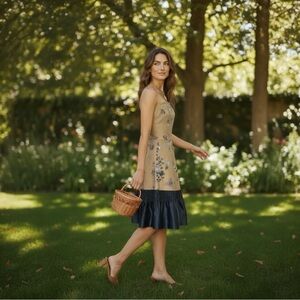 Anthropologie Floral Strapless Dress with navy silk ruffle